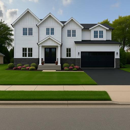 7 Eton Pl, Plainview, NY 11803 - view of front facade featuring board and batten siding, an attached garage, a front lawn, stone siding, and driveway