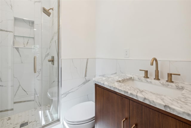 7 Eton Pl, Plainview, NY 11803 - full bathroom featuring toilet, tile walls, a marble finish shower, vanity, and wainscoting