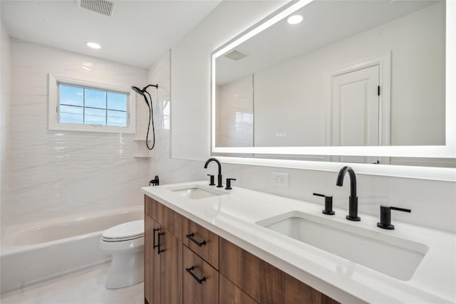 7 Eton Pl, Plainview, NY 11803 - bathroom featuring bathing tub / shower combination, double vanity, toilet, and recessed lighting