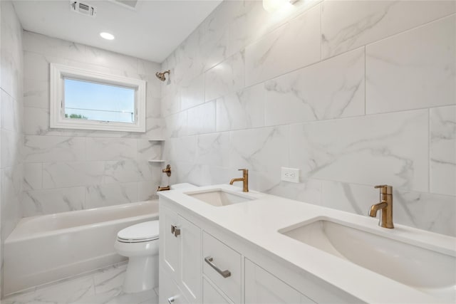 7 Eton Pl, Plainview, NY 11803 - full bathroom with marble finish flooring, double vanity, shower / tub combination, and tile walls
