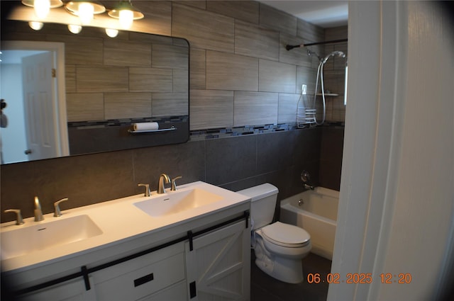 294 Fir Grove Rd, Ronkonkoma, NY 11779 - full bath featuring double vanity, tasteful backsplash, toilet, shower / washtub combination, and tile walls