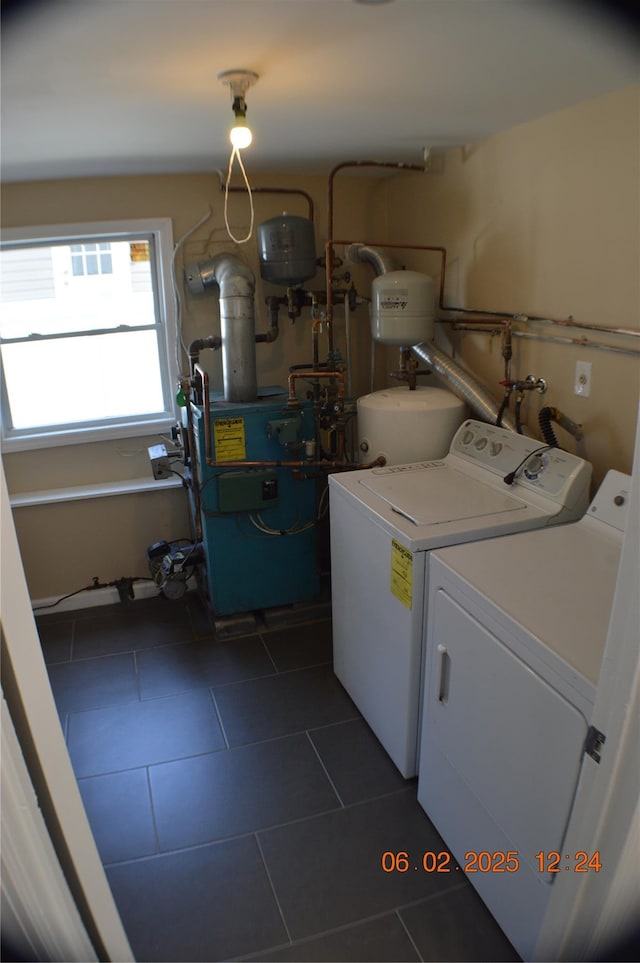 294 Fir Grove Rd, Ronkonkoma, NY 11779 - laundry area with separate washer and dryer, dark tile patterned flooring, and a heating unit