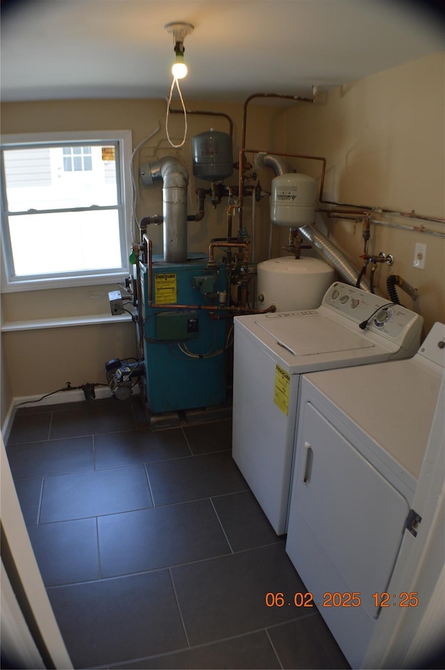 294 Fir Grove Rd, Ronkonkoma, NY 11779 - laundry room with washing machine and clothes dryer, dark tile patterned floors, and a heating unit