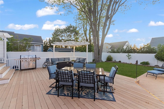 22 Martha St, Freeport, NY 11520 - wooden deck featuring a pergola, outdoor dining area, and a grill
