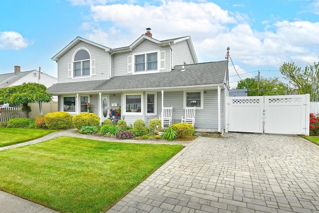 29 Andrew Ln, Levittown, NY 11756 - view of front of house with a porch, a chimney, a gate, decorative driveway, and a shingled roof