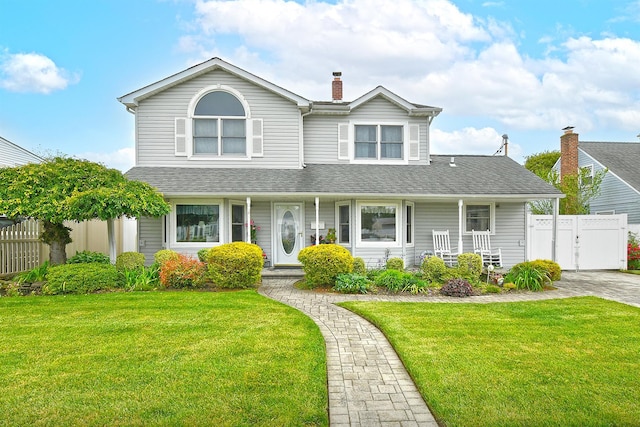 29 Andrew Ln, Levittown, NY 11756 - view of front facade with a porch, a chimney, and roof with shingles