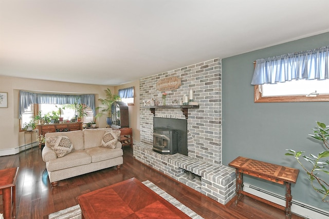 29 Andrew Ln, Levittown, NY 11756 - living area with baseboard heating, wood finished floors, a wood stove, and baseboards