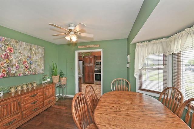 29 Andrew Ln, Levittown, NY 11756 - dining room with ceiling fan, baseboards, and dark wood-style flooring