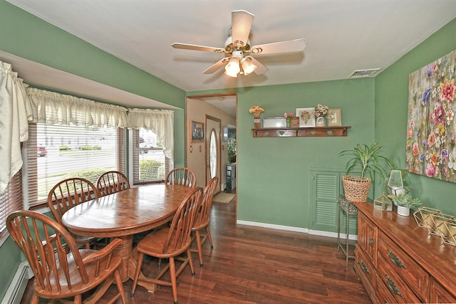 29 Andrew Ln, Levittown, NY 11756 - dining space with baseboard heating, wood finished floors, ceiling fan, and baseboards