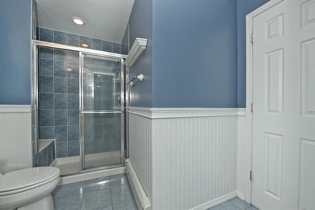 29 Andrew Ln, Levittown, NY 11756 - full bathroom with wainscoting, tile patterned flooring, toilet, a shower stall, and a baseboard radiator