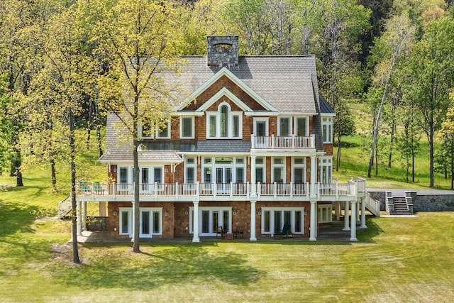 436 Steuben St, Call Listing Agent, NY 14891 - rear view of property featuring french doors, a lawn, a balcony, and a deck