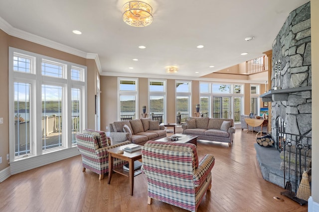 436 Steuben St, Call Listing Agent, NY 14891 - living area featuring crown molding, healthy amount of natural light, a fireplace, wood finished floors, and recessed lighting