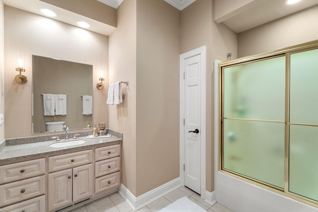 436 Steuben St, Call Listing Agent, NY 14891 - full bathroom with enclosed tub / shower combo, vanity, tile patterned floors, toilet, and baseboards
