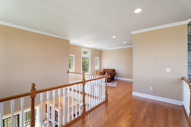 436 Steuben St, Call Listing Agent, NY 14891 - hall with an upstairs landing, baseboards, light wood-type flooring, recessed lighting, and crown molding