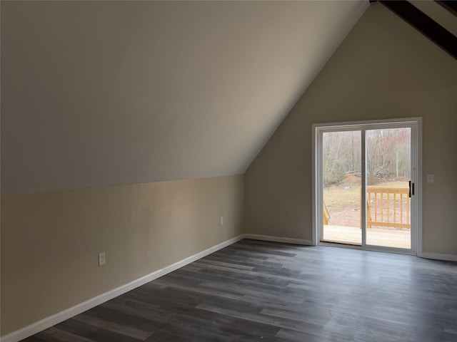 107 Pinewood Rd, Cochecton, NY 12726 - additional living space featuring lofted ceiling, baseboards, and dark wood-type flooring