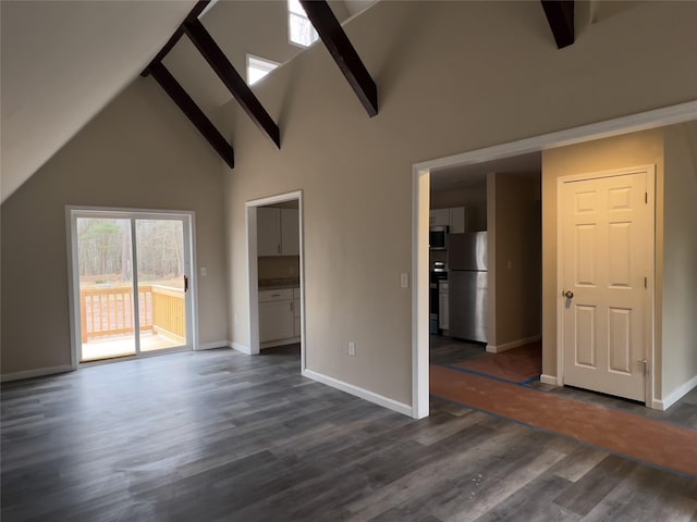 107 Pinewood Rd, Cochecton, NY 12726 - unfurnished bedroom with freestanding refrigerator, access to exterior, dark wood-type flooring, baseboards, and high vaulted ceiling