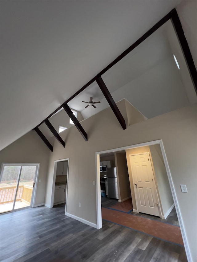 107 Pinewood Rd, Cochecton, NY 12726 - unfurnished living room featuring dark wood-style floors, baseboards, beamed ceiling, high vaulted ceiling, and ceiling fan