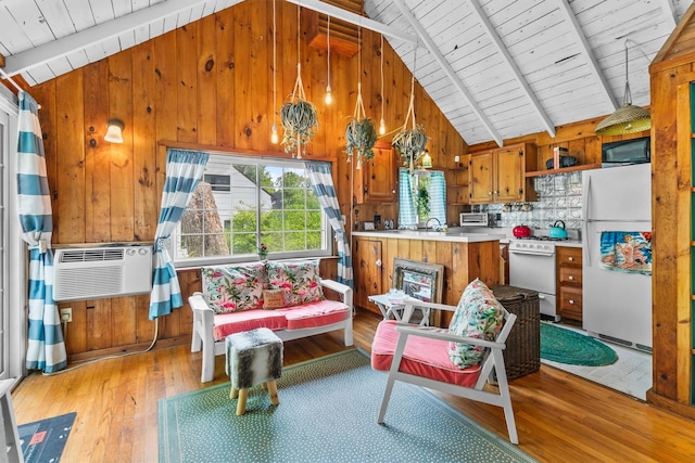 3300 Baker St Unit 20, Mohegan Lake, NY 10547 - living room featuring light wood-type flooring, wooden walls, wooden ceiling, and cooling unit