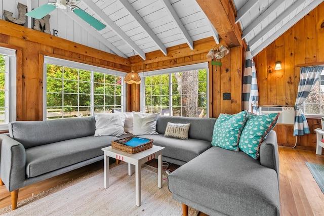3300 Baker St Unit 20, Mohegan Lake, NY 10547 - living room featuring hardwood / wood-style floors, wooden walls, and cooling unit