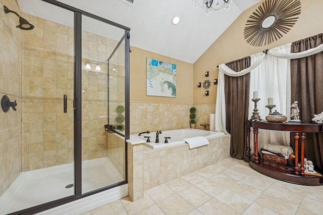 287 Atlantic Ave, Massapequa Park, NY 11762 - full bath with a garden tub, a stall shower, tile patterned flooring, and high vaulted ceiling