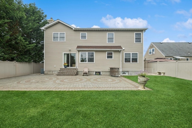 287 Atlantic Ave, Massapequa Park, NY 11762 - rear view of property with a patio, a chimney, a fenced backyard, and entry steps