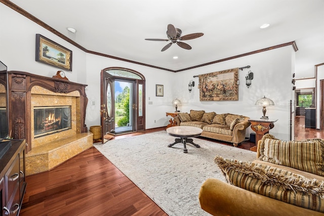 204 Moore Rd, Germantown, NY 12526 - living area with ornamental molding, a fireplace, ceiling fan, dark wood finished floors, and recessed lighting
