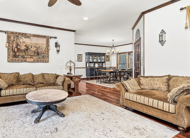 204 Moore Rd, Germantown, NY 12526 - living room with ornamental molding, a chandelier, wood finished floors, a ceiling fan, and recessed lighting