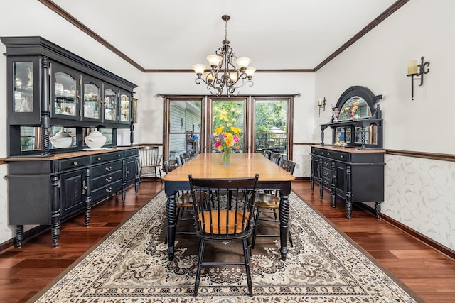 204 Moore Rd, Germantown, NY 12526 - dining room with a chandelier, dark wood finished floors, ornamental molding, and a wainscoted wall