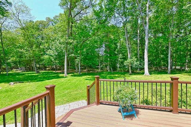2 Wooded Ct, Lloyd Harbor, NY 11743 - wooden deck with a lawn and view of scattered trees