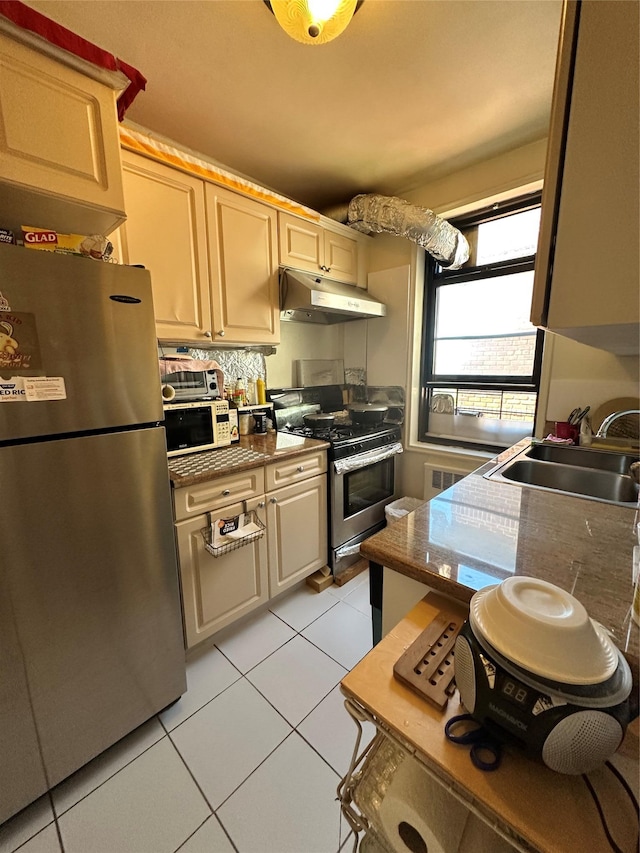 150-11 72nd Rd Unit 6A, Flushing, NY 11367 - kitchen featuring appliances with stainless steel finishes, under cabinet range hood, a sink, light tile patterned flooring, and backsplash