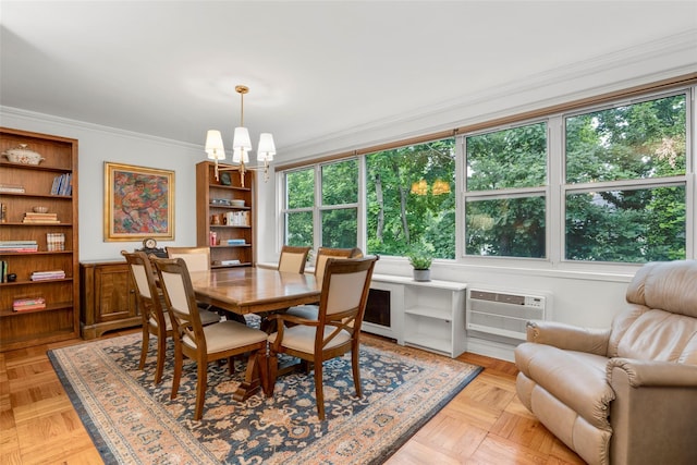 1299 Palmer Ave Unit 332, Larchmont, NY 10538 - dining space with a chandelier, crown molding, and an AC wall unit