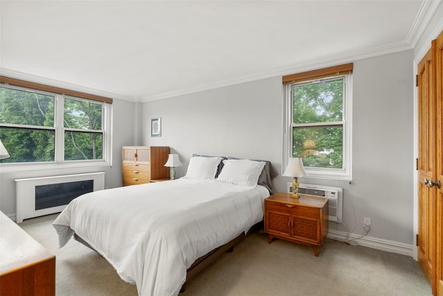 1299 Palmer Ave Unit 332, Larchmont, NY 10538 - bedroom with light colored carpet, ornamental molding, radiator, and an AC wall unit