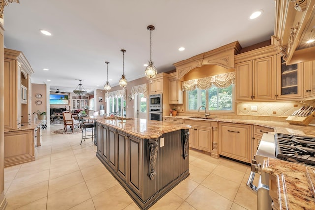 13 Locust Ln, Upper Brookville, NY 11545 - kitchen with appliances with stainless steel finishes, tasteful backsplash, light stone counters, recessed lighting, and hanging light fixtures