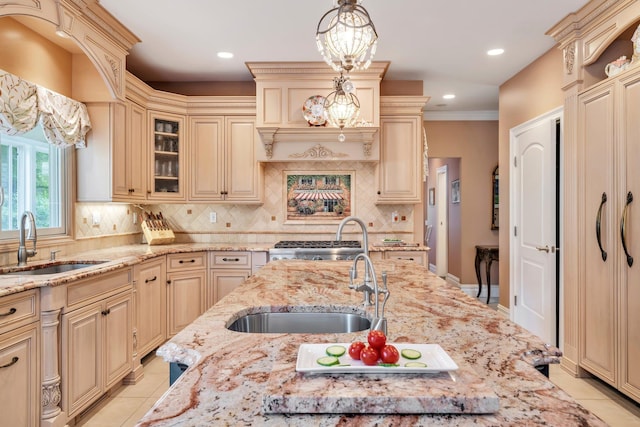 13 Locust Ln, Upper Brookville, NY 11545 - kitchen featuring cream cabinets, decorative light fixtures, tasteful backsplash, and recessed lighting