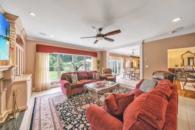 13 Locust Ln, Upper Brookville, NY 11545 - living area featuring a ceiling fan, ornamental molding, recessed lighting, a chandelier, and a fireplace