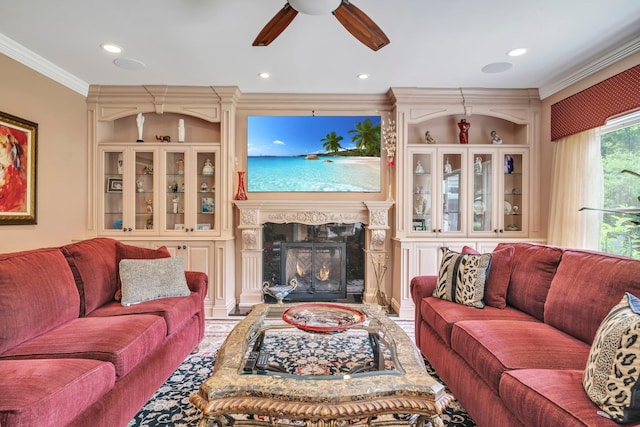 13 Locust Ln, Upper Brookville, NY 11545 - living room with ceiling fan, crown molding, a high end fireplace, and recessed lighting