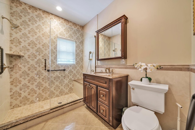 13 Locust Ln, Upper Brookville, NY 11545 - full bath with vanity, walk in shower, tile patterned floors, and tile walls