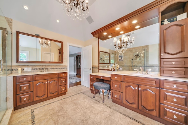 13 Locust Ln, Upper Brookville, NY 11545 - full bathroom with a chandelier, two vanities, a stall shower, inlaid floor details, and recessed lighting