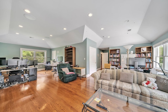 13 Locust Ln, Upper Brookville, NY 11545 - living area with vaulted ceiling, an office area, light wood-style floors, and recessed lighting