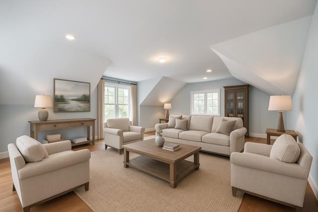13 Locust Ln, Upper Brookville, NY 11545 - living area featuring lofted ceiling, plenty of natural light, light wood-style flooring, and recessed lighting
