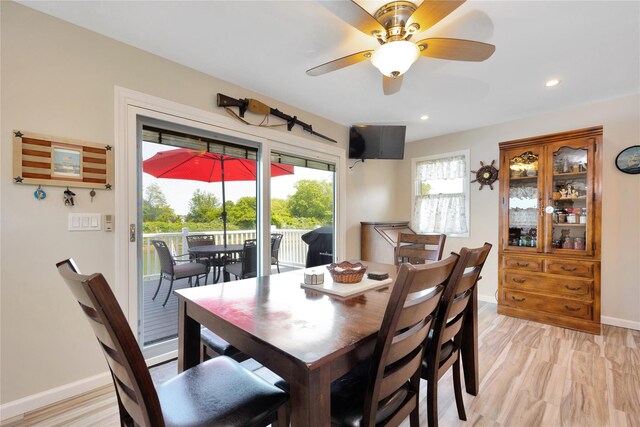 3717 Somerset Dr, Seaford, NY 11783 - dining area featuring baseboards, light wood-style flooring, ceiling fan, and recessed lighting