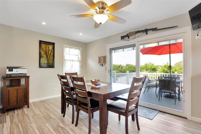 3717 Somerset Dr, Seaford, NY 11783 - dining area featuring ceiling fan, light wood-style flooring, recessed lighting, and baseboards