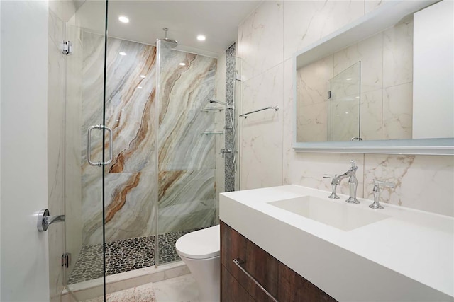 200 E 61st St Unit 19De, New York Manhattan, NY 10065 - bathroom featuring a marble finish shower, marble finish floors, toilet, vanity, and recessed lighting