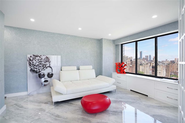 200 E 61st St Unit 19De, New York Manhattan, NY 10065 - living room with a view of city, light marble finish floors, a textured wall, and recessed lighting