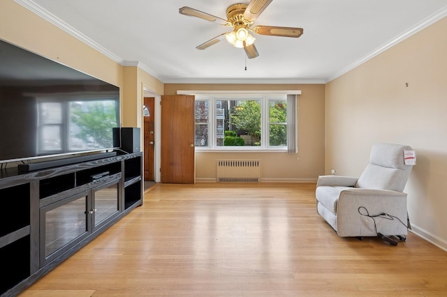 151AKA149 Stone Ave, Yonkers, NY 10701 - living area featuring radiator, ornamental molding, light wood-style floors, and ceiling fan