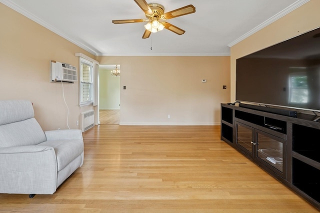 151AKA149 Stone Ave, Yonkers, NY 10701 - living room with radiator heating unit, a wall unit AC, ceiling fan, crown molding, and a chandelier