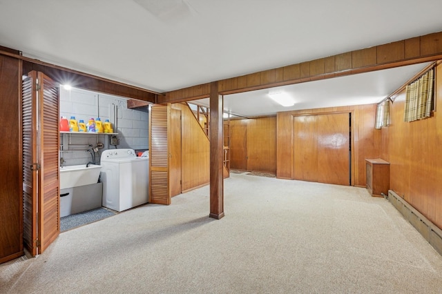 151AKA149 Stone Ave, Yonkers, NY 10701 - finished below grade area featuring washer / clothes dryer, wood walls, carpet flooring, and a baseboard radiator