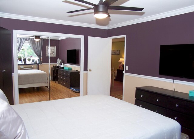 600 Fulton St Unit I-1, Farmingdale, NY 11735 - bedroom with wood finished floors, ornamental molding, and ceiling fan