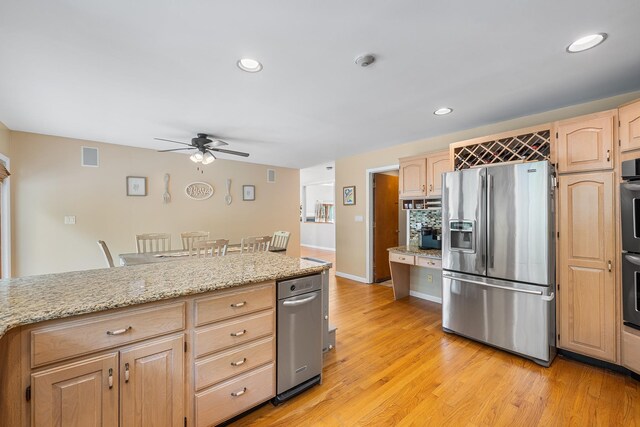 83 Mcdonald Rd, Ossining, NY 10562 - kitchen featuring stainless steel refrigerator with ice dispenser, light brown cabinetry, ceiling fan, recessed lighting, and light wood-style floors