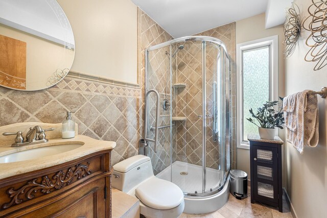 83 Mcdonald Rd, Ossining, NY 10562 - bathroom with vanity, a stall shower, tile walls, and wine cooler